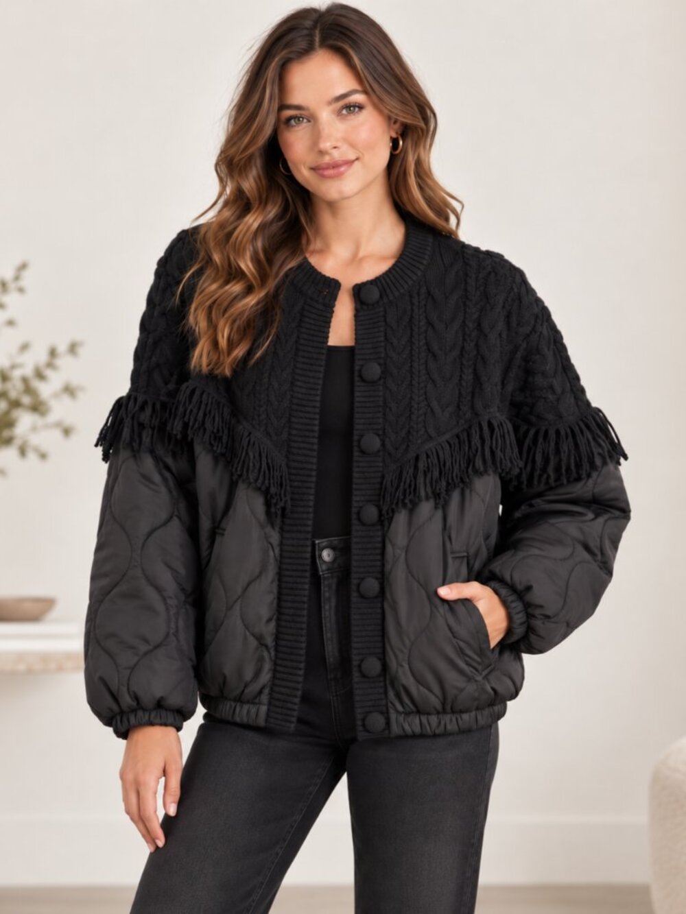 Oliver O Cable Knit Fringe Quilted Jacket
